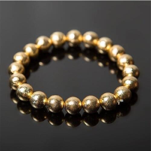 10mm Natural Gibeon Meteorite Stretch Charm Powerful Women Man Golden Plated Round Beads Bracelets