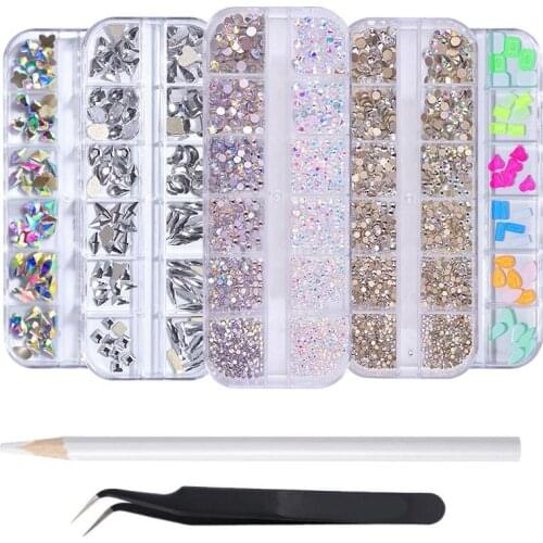 12 Boxes/Set Crystal AB Rhinestone Diamond Gem Flatback Glass Stone 3D Glitter Nail Art Decoration Beauty Kit