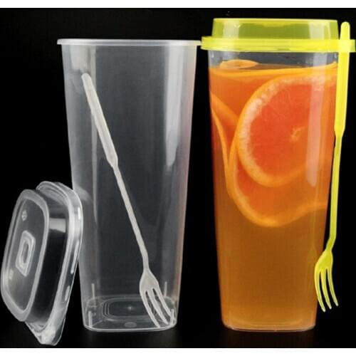 50pcs High quality 1000ml disposable transparent plastic cups large creative square party favor coffee tea beverage cup with lid