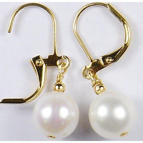 Free shipping 9-10MM Akoya White natural Pearl Ear Drop Dangle Earring 14k/20 Yellow Gold hook