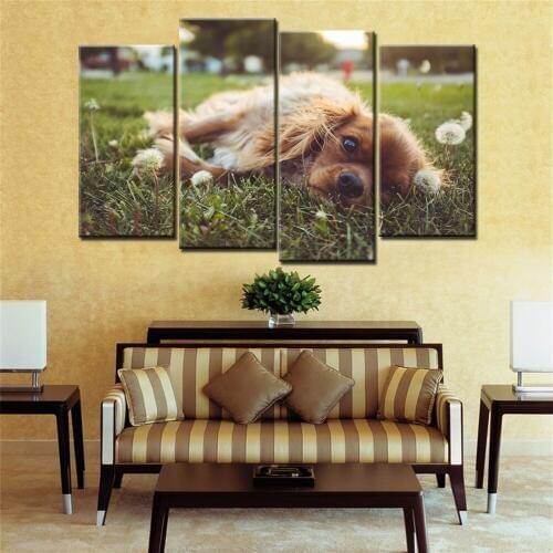 No Frame 4 Panels Animal Lovely Dog Canvas Wall Art Picture Decorative Painting Modular Painting for Living Room