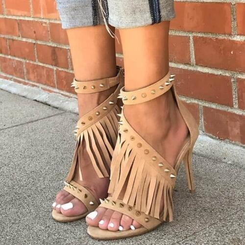 Carpaton Hot Selling Suede Fringed Woman Shoes Open Toe Rivets Studded High Heel Sandals Ankle Strap Gladiator Shoes