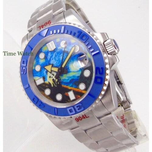 40mm Blue Face Mens Automatic Watch Japan NH35 Movement Sapphire 904L Bracelet Glide Lock Buckle Date Cyclops Ceramic Insert