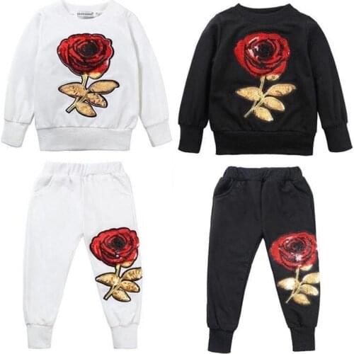 INS Casual Children Suit Rose Embroidery Sequin Long-sleeve Tops + Pants Sports Infant Spring Autumn Outfits Baby Boy Girl SET