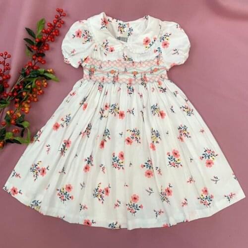 Baby Girl Smocked Dress Spanish Handmade Smocking floral Royal Princess birthday party cotton dress