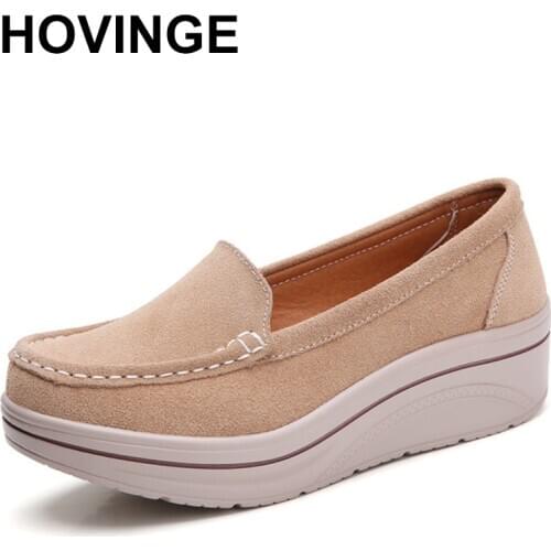 HOVINGEspring autumn cow suede leather 5CM platform moccasins shoes woman breathable comfortable without lace casual shoes women