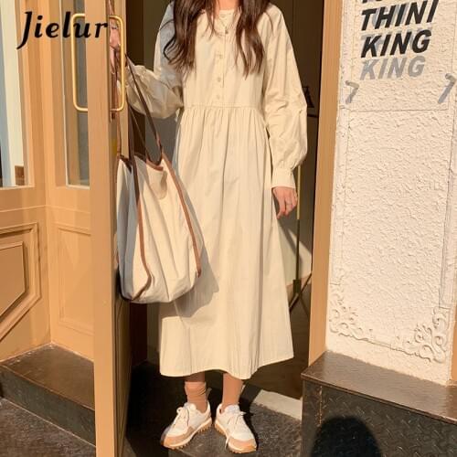 Jielur Korean New Spring Loose Dress High Waist Casual Vintage Long Sleeve Woman Dress Fairy Female Apricot Blue Dresses S-L