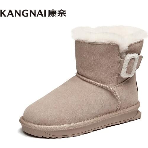 KANGNAI Snow Boots Women Cow Suede Flats Slip-On Buckle Plush Fur Ankle Boots Winter Ladies Warm Shoes