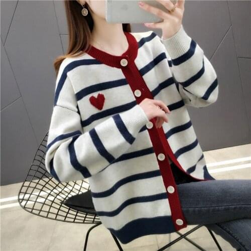 2021 Rushed Room 197693 Row 4 No.1 Top] Real Shot Round Neck Stripe Knitted Cardigan 52