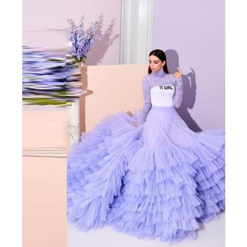 Lavender Cake Tulle Skirts Light Purple femme Long Tiered Tulle Women Skirts Formal Birthday Female Long Bridal Skirt High Waist