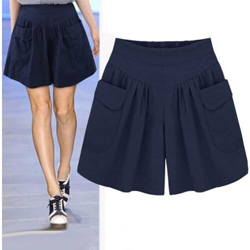 Summer Plus Size Womens Wide-leg Shorts Casual Solid Color Elastic Waist All-match Pocket Culottes Female Shorts шорты женский
