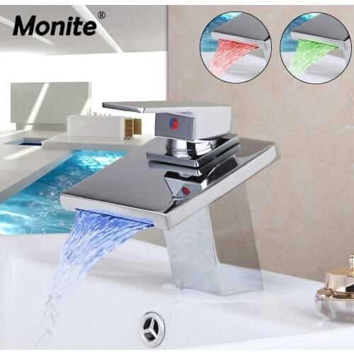 Monite Soild Brass Waterfall Bathroom Faucet LED Light Deck Mounted Chrome Brass Vanity Sink Mixer Tap Water Power Light