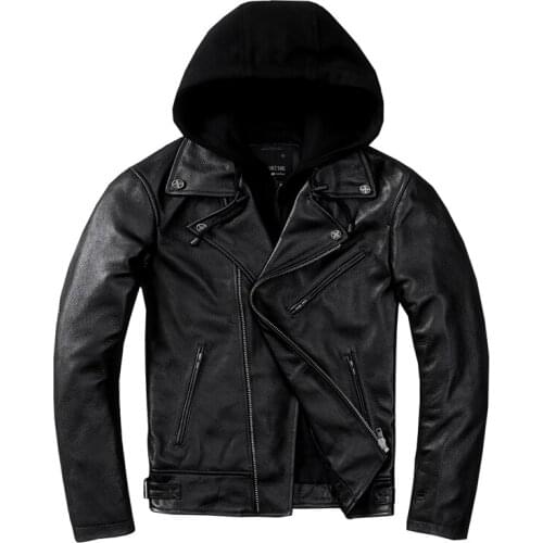 2021 Mens Hooded Motorcycle Leather Jacket Pure First Layer Cowhide Jacket Detachable Hooded Riding Genuine Jacket