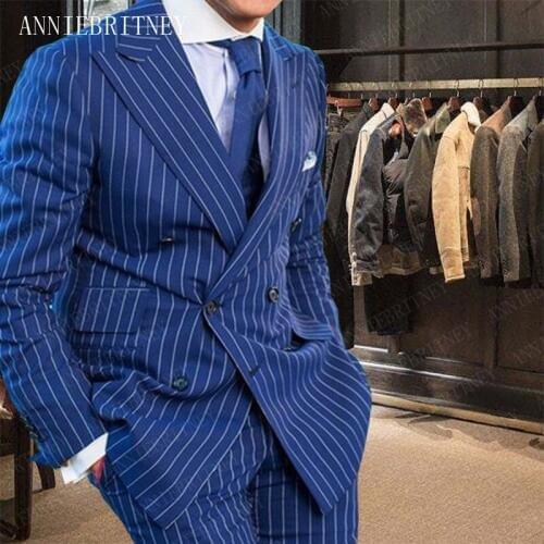 ANNIEBRITNEY Blue Suits Men 2019 Stripe Mens Suits with Pants Set Slim Fit Formal Wedding Suit for Men Tuxedo Casual Blazer