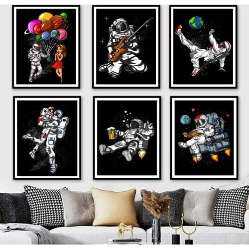 Funny Cartoon Outer Space Astronaut Planet Wall Art Canvas Painting Nordic Posters And Prints Wall Pictures Kids Boy Room Decor