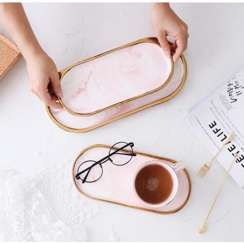 New pink blue black marble tray Storage Tray Gold Oval Dotted Fruit Plate Small Items Jewelry Display Tray Mirror bandeja