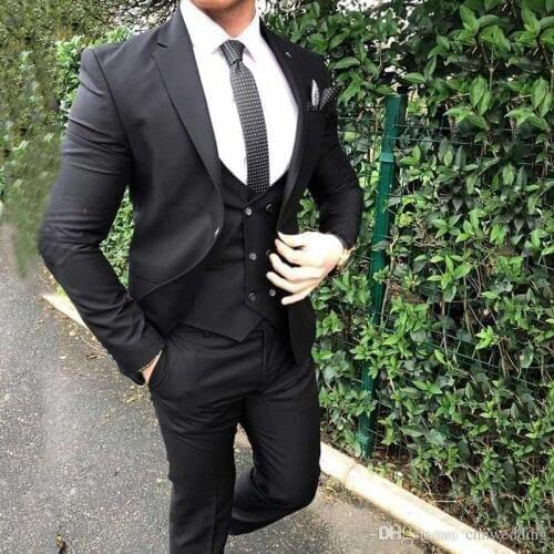 New Arrival One Button Black Groom Tuxedos Groomsmen Notch Lapel Mens Suits Blazers (Jacket+Pants+Vest+Tie) W:1033