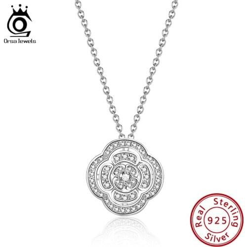 ORSA JEWELS 925 Sterling Silver Camellia Pendant Necklace Party Banquet Jewelry Accessories Valentines Day Gift SN279