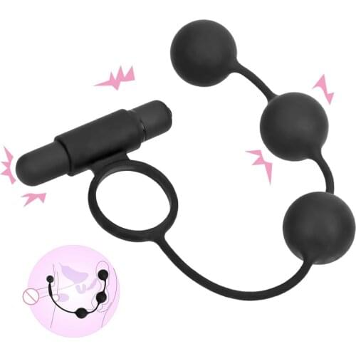 Penis vibration ring with anal beads butt plug 3 ball prostate massager 10 speed erotic male masturbation male sex toy