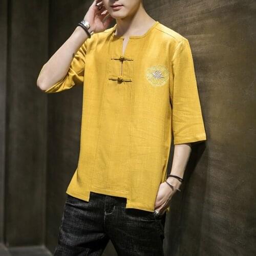 Chinese Style Male Tshirt Casual Streetwear Men Linen Cotton Loose Blouse Traditional Kung Fu Outfit Hanfu Wu Shu Tee Tops