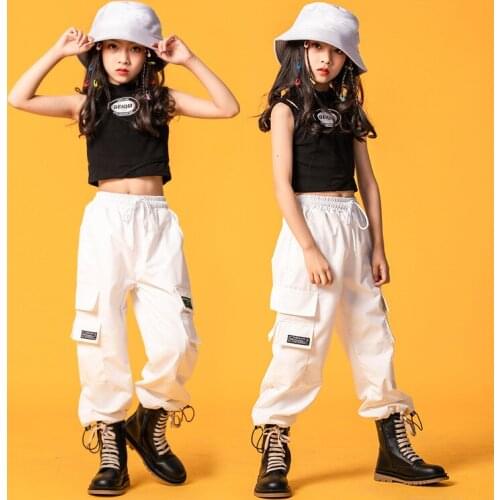 Modern Dancing Clothes Black Vest Casual Pants for Girls Childrens Hip-hop Jazz Dance Street Dance Performance Costumes XS1249