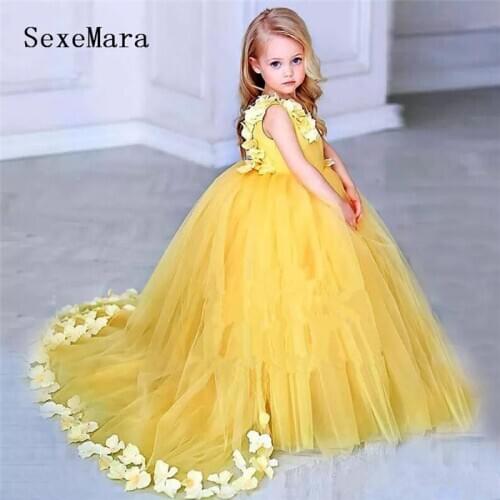 Yellow Flower Girls Dresses For Weddings V Neck Satin Tulle Ball Gown Children Christmas Dress Birthday Party Dress