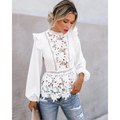 Women Long Sleeve Blouse with Ruffle Floral Hollow Out O-neck Shirt Solid Color Tops women tops nendroid clothes shirt women