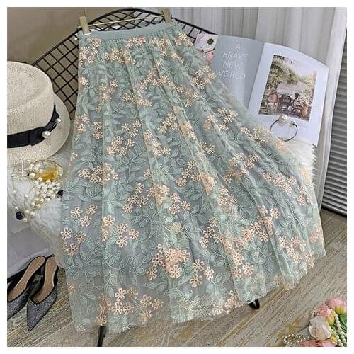 Women Mori Embroidery Mesh Skirt 2021 Summer New High Waist Medium Length A-line Pleated Skirt