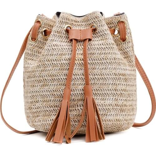 Aaby 2021 Fashion Crossbody Bag For Women Bucket Tassel Handbag With PU Leather String Phone Bag Straw Summer Beach Bag For Gift