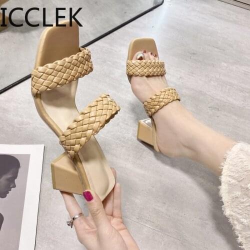 2021 Summer New High Heels Square Head Weave Womens Sandals Solid Color office Women Slippers Zapatos de mujer