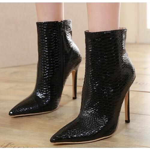Snakeskin grain Ankle Boots For Women High heels Fashion Pointed toe Ladies Sexy shoes 2020 New Zip Boots Size 41 42