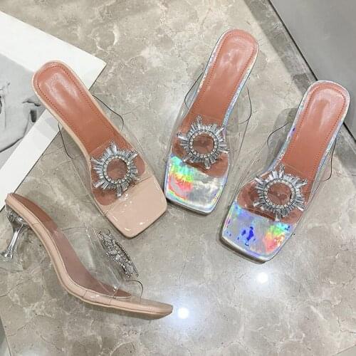 2021 Women Slippers Pumps Flower High Heels Sandals Square Toe PVC Fashion Ladies Summer Shoes Plus Size Transparent Slides