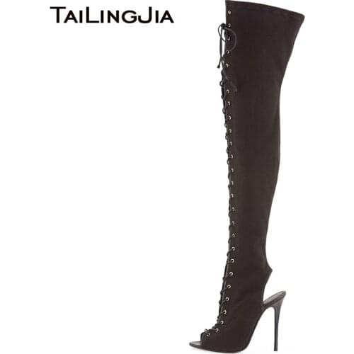 Womens Peep Toe Lace up Slingback Black Canvas Thigh High Boots Ladies High Heel Over the Knee High Boots Large Size Wholesale