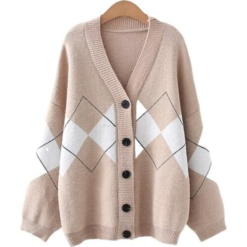Argyle Jacquard Women Knit Cardigan 2021 Winter Single Breasted V-Neck Knitwear Korean Fashion Sweet Warm Soft Jumpers Tops