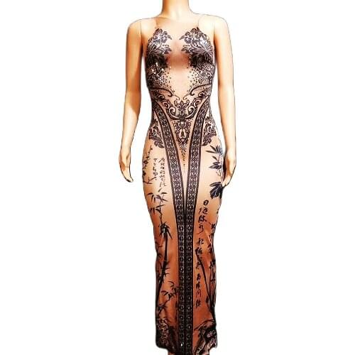 Floral Pattern Printing Ankle-Length Dress Sleeveless Split Fork Chinese Style Dresses Party Evening Costume Ladies Dance Wear
