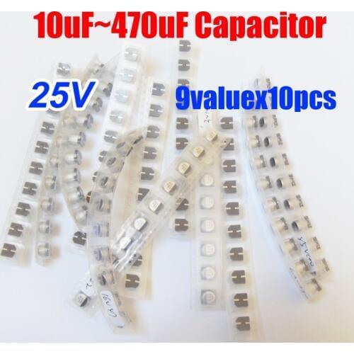 9valuesX10pcs=90pcs SMD 25V 10uf~470uf Aluminum Electrolytic Capacitor Assortment Kit Pack for Computer Motherboard