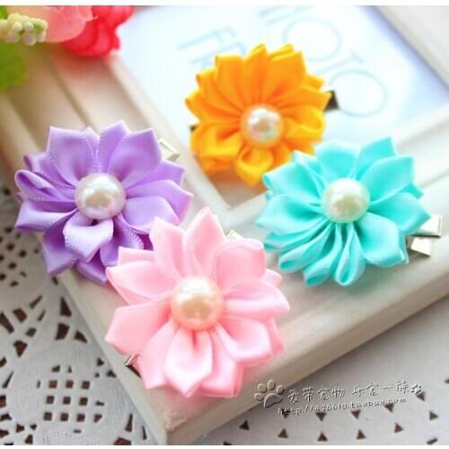 100pcs/lot pet dog hair bows Clip petal flowers hairpin with pearls pet dog grooming bows dog hair accessories product