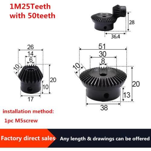 2pcs 1:2 Bevel Gear 1Modulus 25Teeth +50teeth Inner Hole 6mm 90 Degree Drive Commutation Steel Gears Steel Gears Screw M5