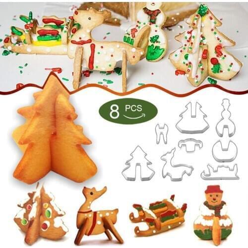 8pcs/pack 3D Christmas Cookie Cutter Set Stainless Steel Biscuit Mold DIY Baking Tools Cookie Cutters Candy Making Molds Party