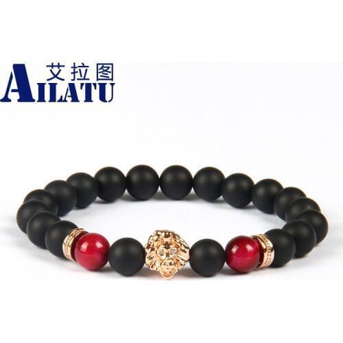 Ailatu 8mm A Grade Black Matte Onyx Stone with CZ Brass Head Couples Lovers Bracelet Animal Shape