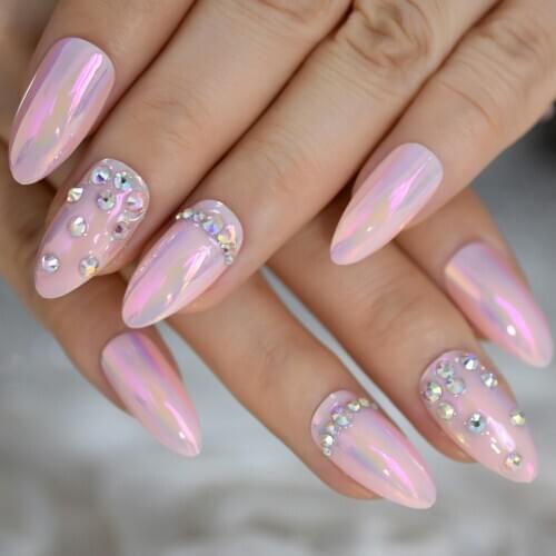 Shiny Pink Chameleon Mirror Stiletto False Nails Amlond Sharp Artificial False Nail Tips for Office Home Faux Ongle Free Sticker