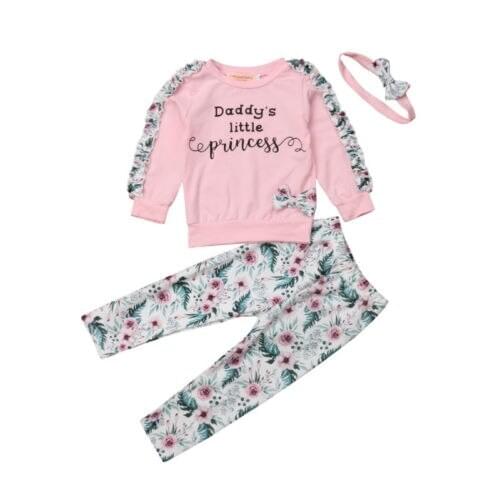 Daddys Little Princess Newborn Baby Girl Autumn Clothes Ruffles Long Sleeve Tops Floral Pant Legging Headband 3PCS Set