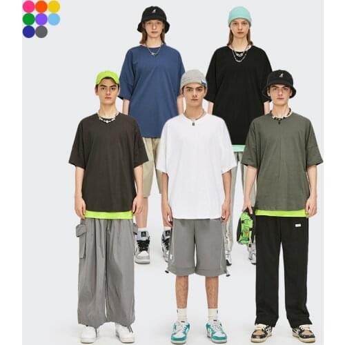 INFLATION Plain T-shirts Unisex Summer Basic 100% Cotton Short Sleeve T-shirts Men Women Irregular Hem Oversized Tees Men