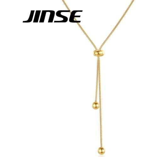 JINSE 316LStainless Steel Round Bead Pendant Necklace for Women Fashion Jewelry Long Snake Chain Double Ball Collier Femme Gifts