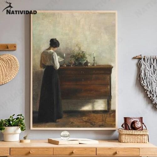 World Famous Oil Painting Canvas Painting Shop Decor Girl Oil Lamp Reading Book Poster Wall Art Living Room Home Decoration