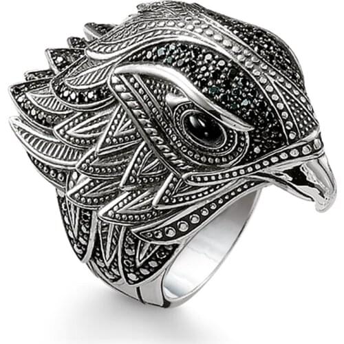 925 Sterling Silver Zirconia Eagle Hawk Falcon Head Rings, Fashion Thomas Style Punk Cocktail Ring Jewelry Ts Gift for Women Men