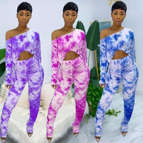 Imcute Tie Dye Women Two Piece Set Off Shouder Long Sleeve Drawstring Crop Top Stacked Jogger Pants Suit Tracksuit Matching Set