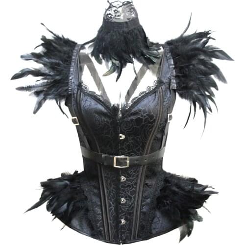 Sexy Gothic Burlesque Womens Feather Overbust Corset Bustiers Lingerie Corsets with Collar and Shawl Costume Party Corset 3 pcs