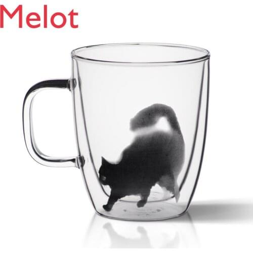 Mug Office Handmade Double Layer Glass Cup Heat-Resistant Cat Cup 400 Coffee Cup Water Cup Tea Cup Waterbottle Soft Sprout Cured