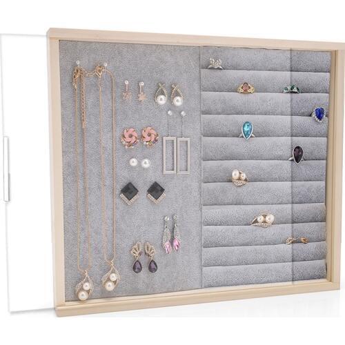 Flannelette Earrings Display Tray With Acrylic Lid Jewelry Organizer Earring Ring Holder Necklace Case Velvet Trays